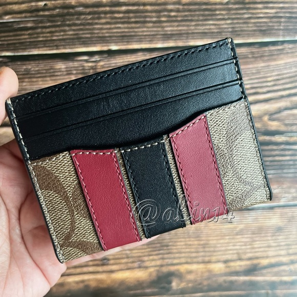 New Coach Signature Canvas Leather Card Case with Red Black Varsity Stripes - Picture 1 of 6